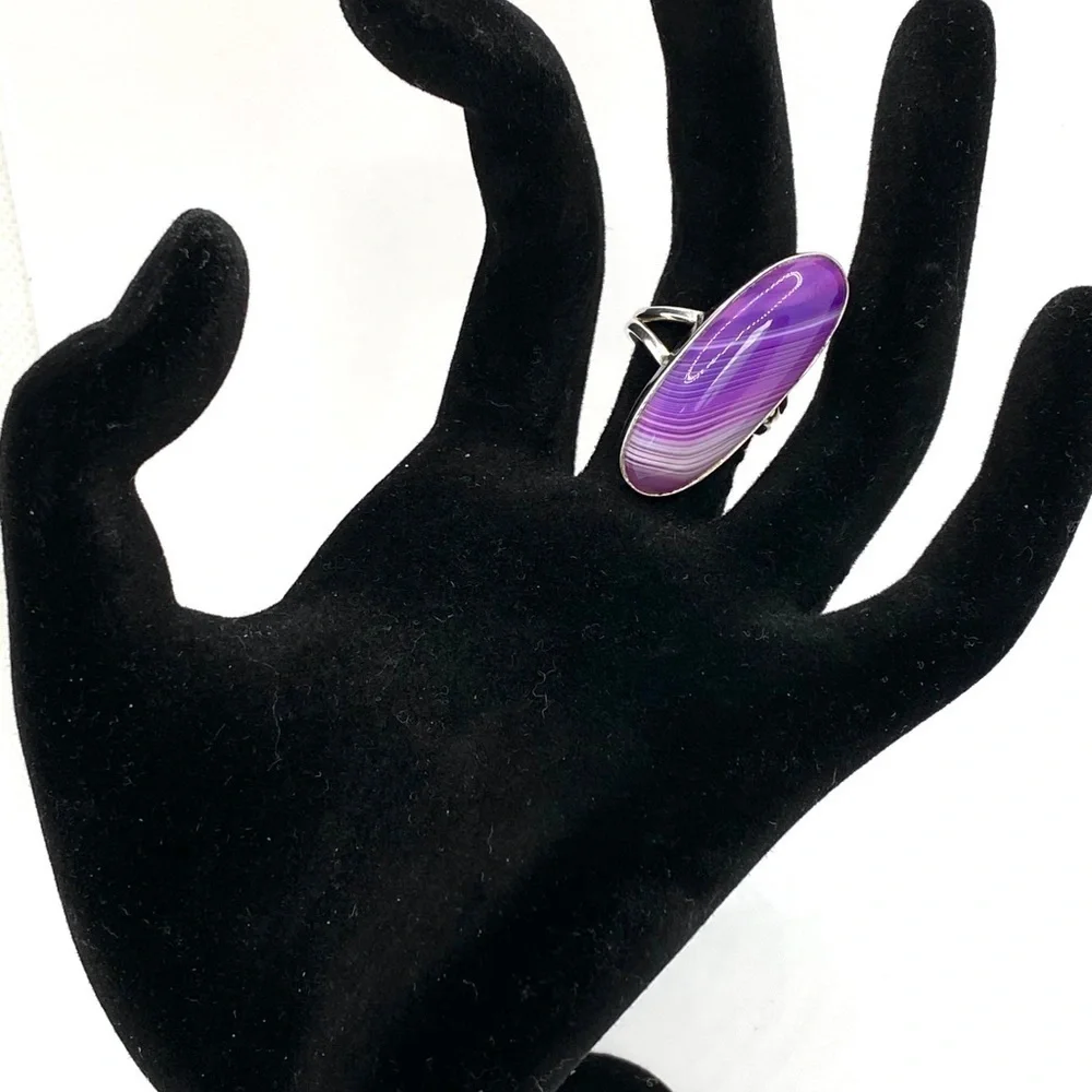 925 Sterling Silver Purple Striped Agate Ring size 7.5 vintage Statement